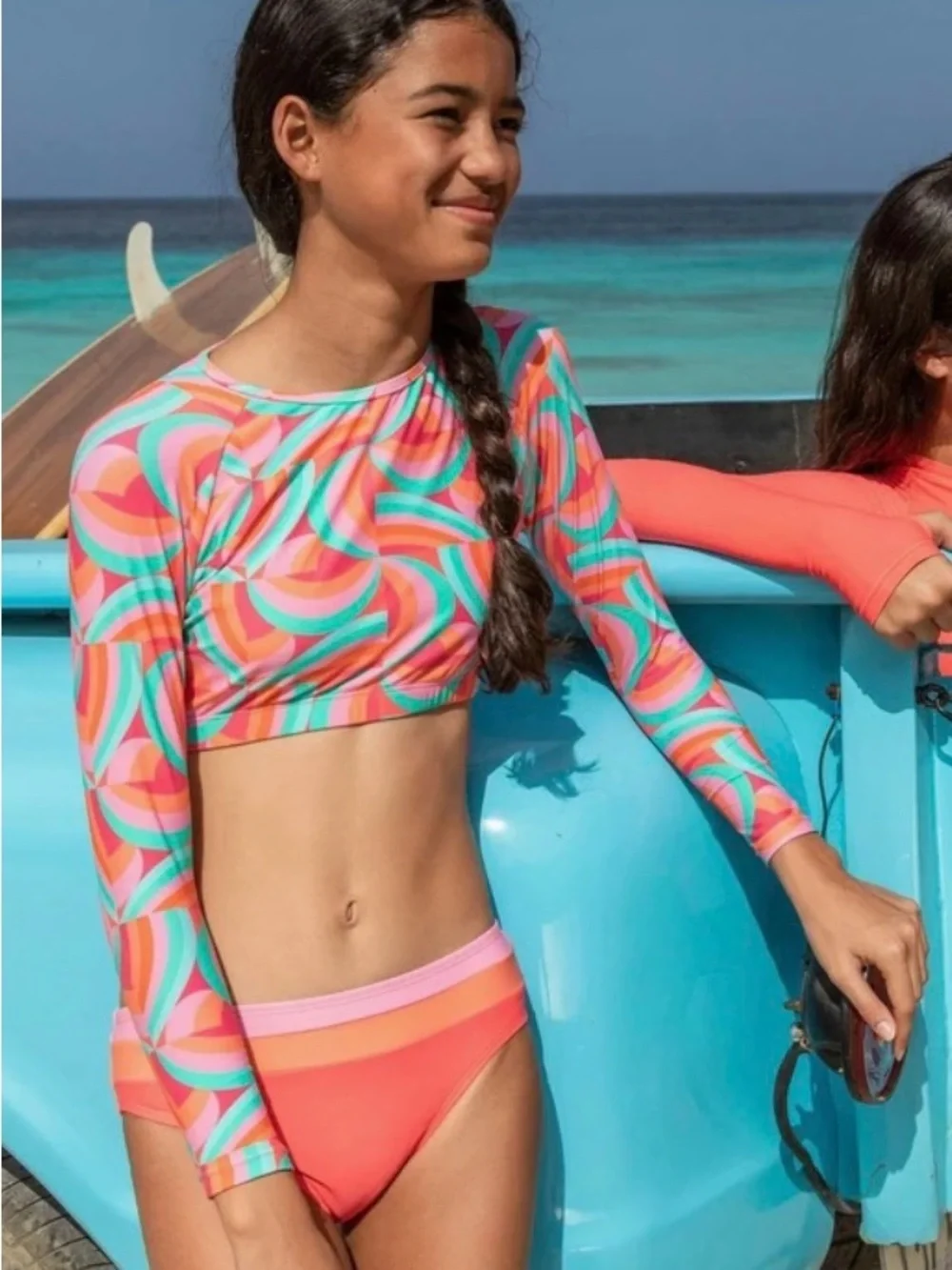 Snapper Rock Girls' Geo Melon Long Sleeve Swim Set in Coral, Turquoise & Pink